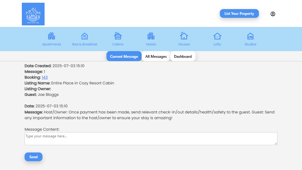 Guest and host messages within the Every Stay Solutions WordPress theme booking system