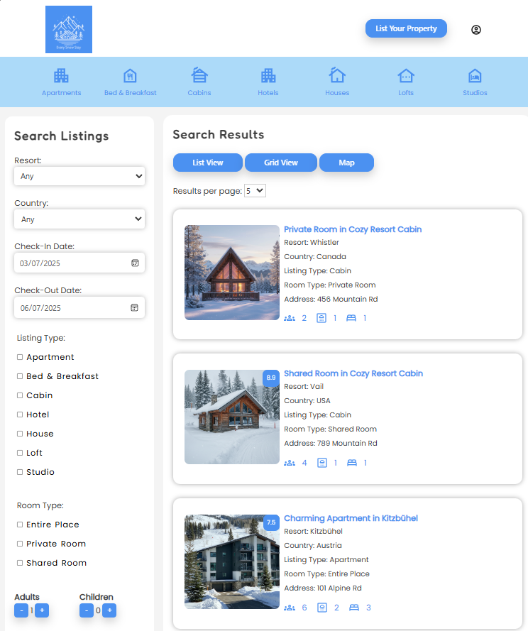 Example search results displaying properties from the holiday rental WordPress theme