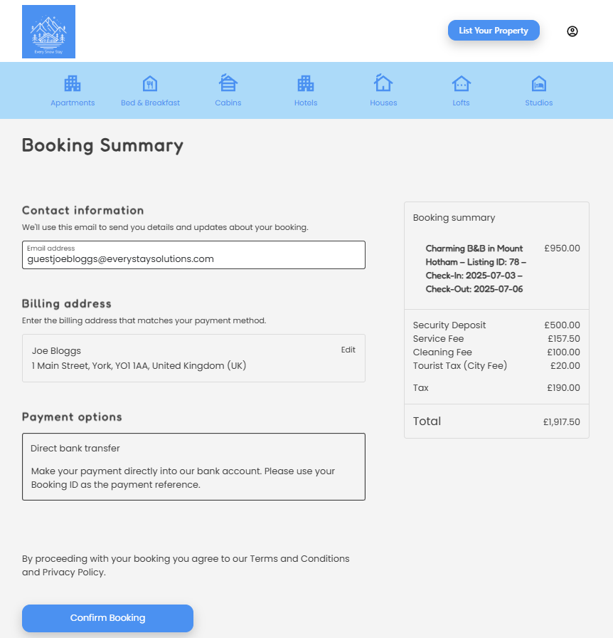 Secure online booking process on the Every Stay Solutions WordPress theme