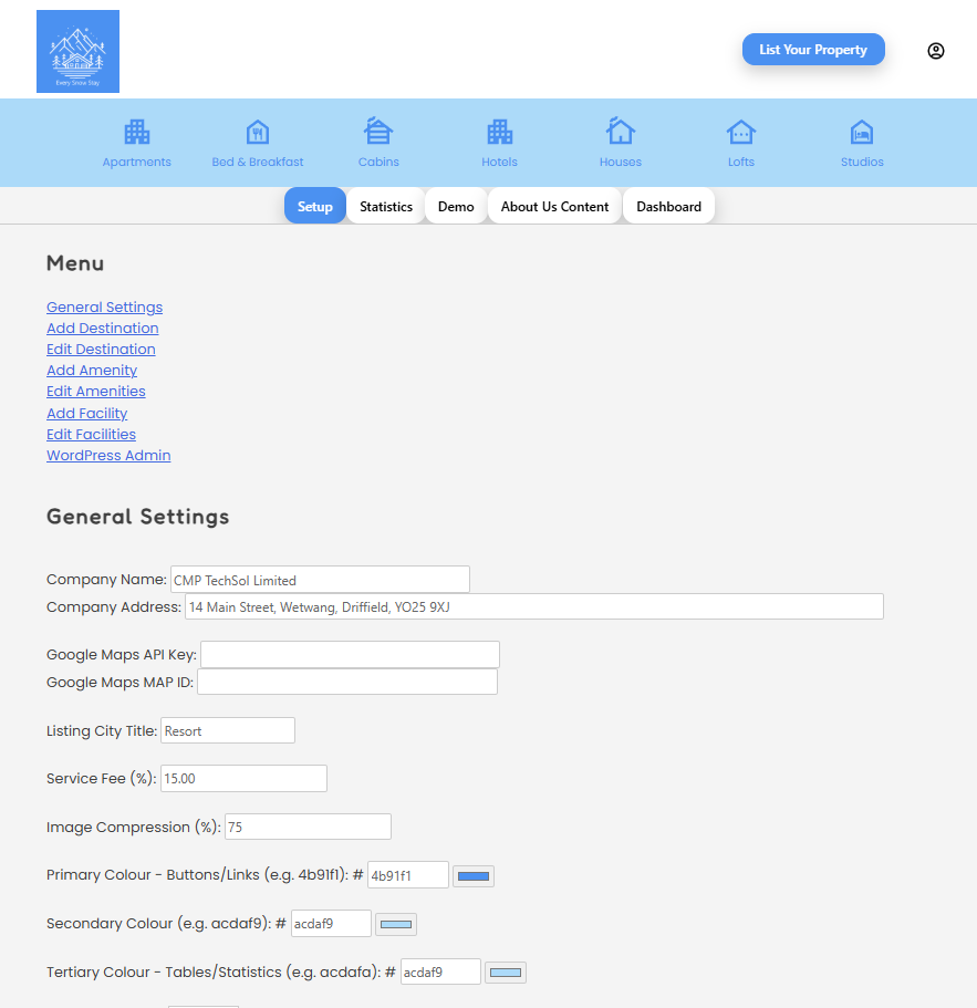 Every Stay Solutions WordPress theme administration dashboard for holiday rentals